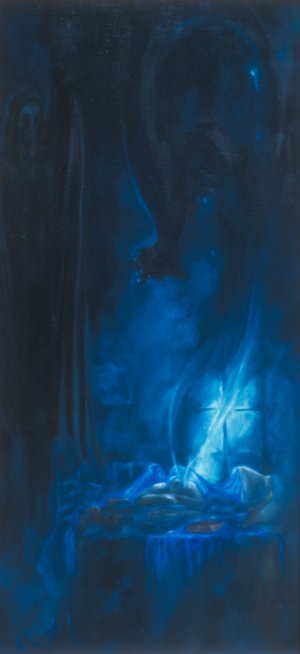 "Hypnos" (God van de slaap) 2003. 30 bij 59 cm. Olie op linnen.